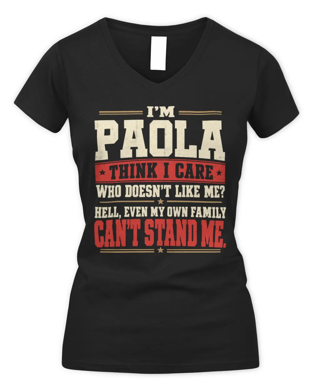 PAOLA-KTL06-H009 I’m [NAME] – Think I Care? Personalized Funny T-Shirt - Women's V-Neck T-Shirt - Black