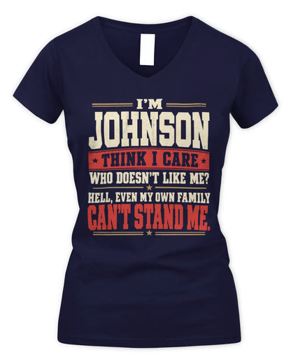 JOHNSON-KTL06-H009 I’m [NAME] – Think I Care? Personalized Funny T-Shirt - Women's V-Neck T-Shirt - Navy