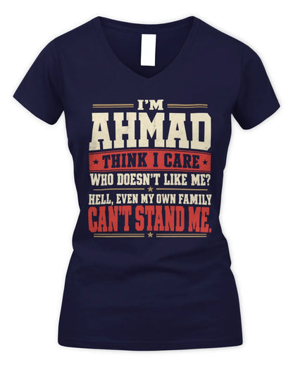 AHMAD-KTL06-H009 I’m [NAME] – Think I Care? Personalized Funny T-Shirt - Women's V-Neck T-Shirt - Navy