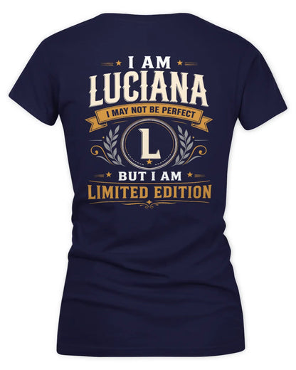 LUCIANA KT88-V9 - Personalized “I Am NAME I May Not Be Perfect, But I Am Limited Edition” - Women's V-Neck T-Shirt - Navy