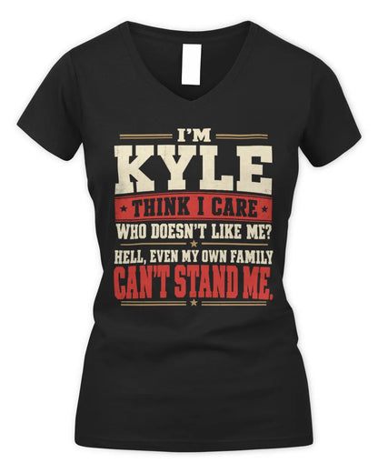 KYLE-KTL06-H009 I’m [NAME] – Think I Care? Personalized Funny T-Shirt - Women's V-Neck T-Shirt - Black
