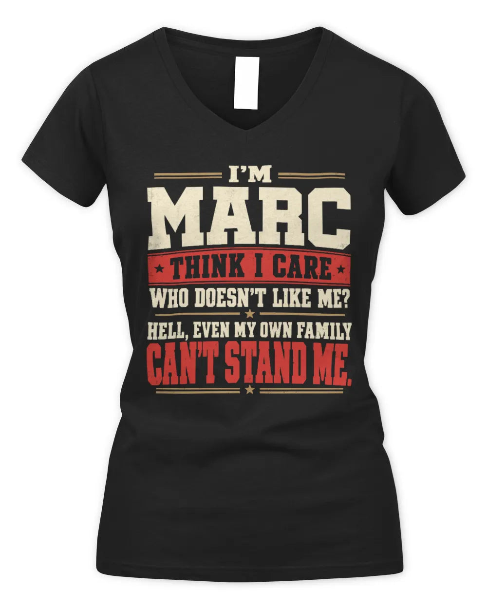 MARC-KTL06-H009 I’m [NAME] – Think I Care? Personalized Funny T-Shirt - Women's V-Neck T-Shirt - Black