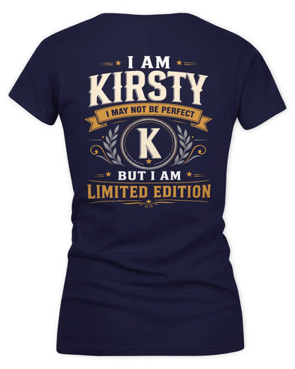 KIRSTY KT88-V9 - Personalized “I Am NAME I May Not Be Perfect, But I Am Limited Edition” - Women's V-Neck T-Shirt - Navy