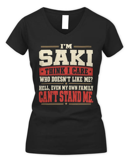 SAKI-KTL06-H009 I’m [NAME] – Think I Care? Personalized Funny T-Shirt - Women's V-Neck T-Shirt - Black