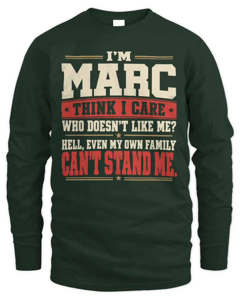 MARC-KTL06-H009 I’m [NAME] – Think I Care? Personalized Funny T-Shirt - Men's Long Sleeved T-Shirt - Forest Green