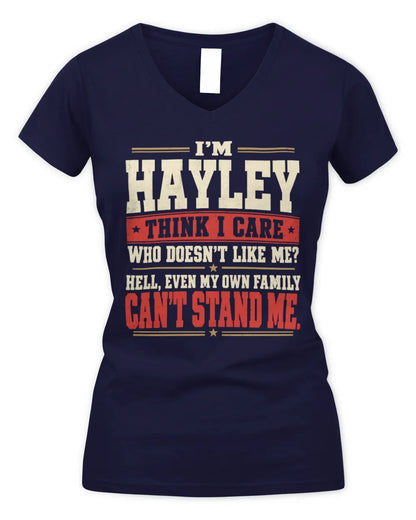 HAYLEY-KTL06-H009 I’m [NAME] – Think I Care? Personalized Funny T-Shirt - Women's V-Neck T-Shirt - Navy