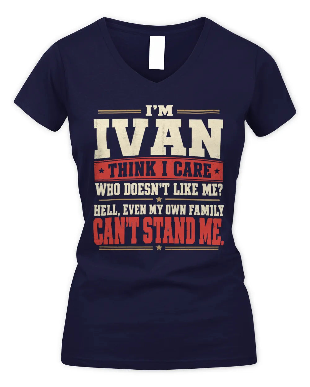 IVAN-KTL06-H009 I’m [NAME] – Think I Care? Personalized Funny T-Shirt - Women's V-Neck T-Shirt - Navy