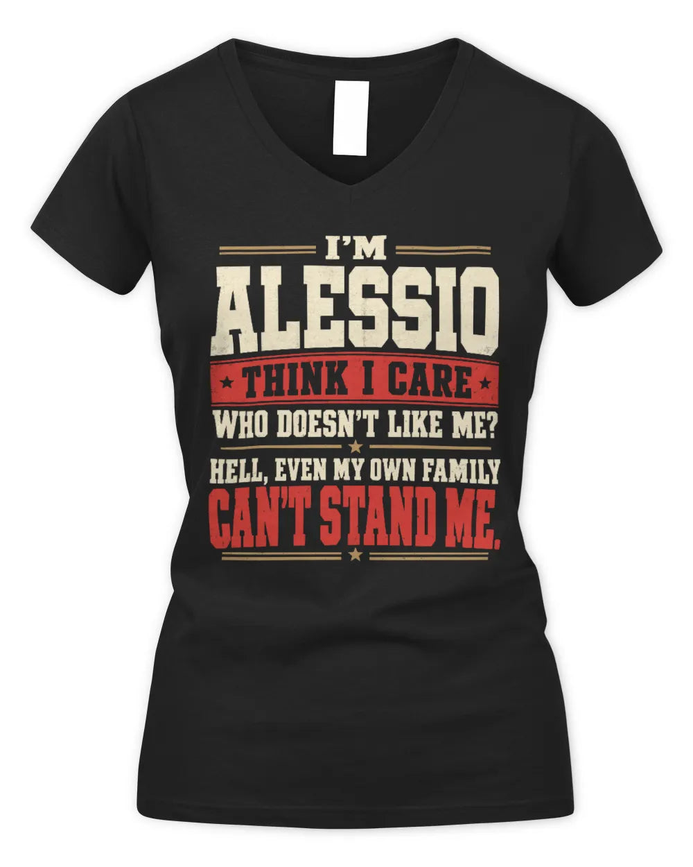 ALESSIO-KTL06-H009 I’m [NAME] – Think I Care? Personalized Funny T-Shirt - Women's V-Neck T-Shirt - Black