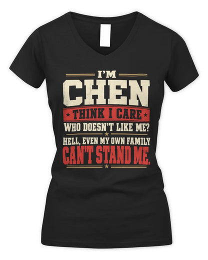 CHEN-KTL06-H009 I’m [NAME] – Think I Care? Personalized Funny T-Shirt - Women's V-Neck T-Shirt - Black