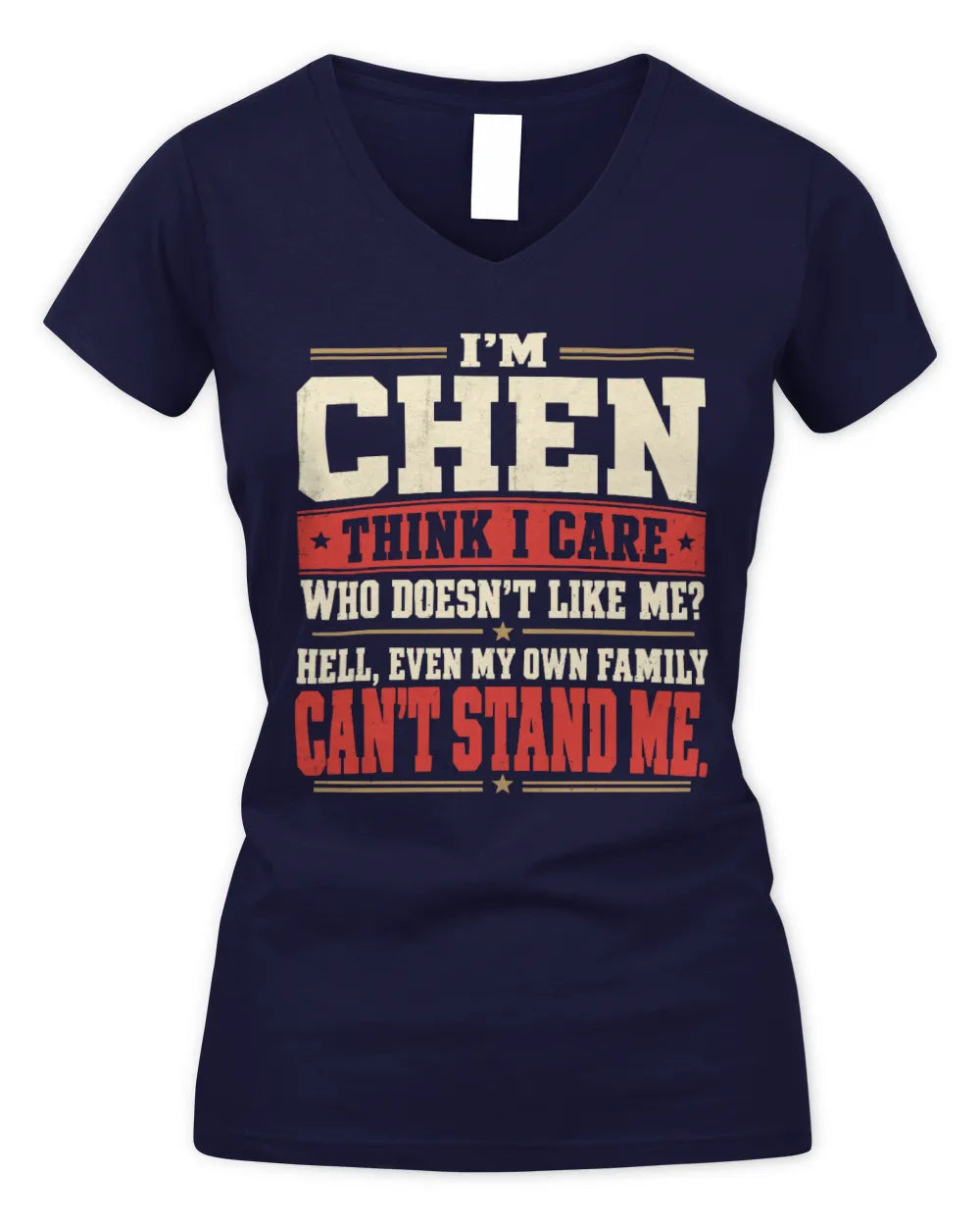 CHEN-KTL06-H009 I’m [NAME] – Think I Care? Personalized Funny T-Shirt - Women's V-Neck T-Shirt - Navy