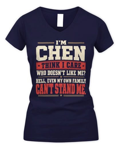 CHEN-KTL06-H009 I’m [NAME] – Think I Care? Personalized Funny T-Shirt - Women's V-Neck T-Shirt - Navy