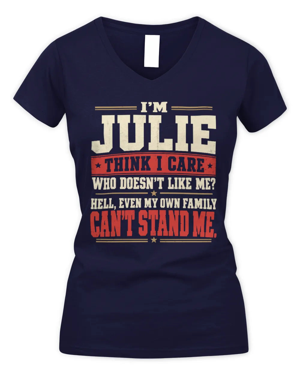 JULIE-KTL06-H009 I’m [NAME] – Think I Care? Personalized Funny T-Shirt - Women's V-Neck T-Shirt - Navy