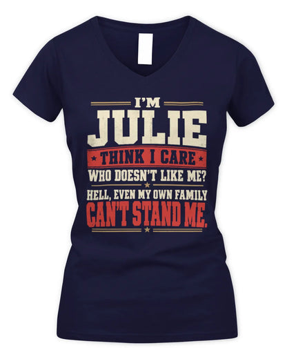 JULIE-KTL06-H009 I’m [NAME] – Think I Care? Personalized Funny T-Shirt - Women's V-Neck T-Shirt - Navy
