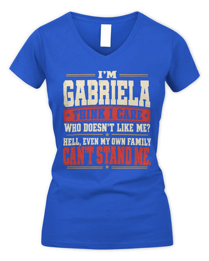 GABRIELA-KTL06-H009 I’m [NAME] – Think I Care? Personalized Funny T-Shirt - Women's V-Neck T-Shirt - Royal