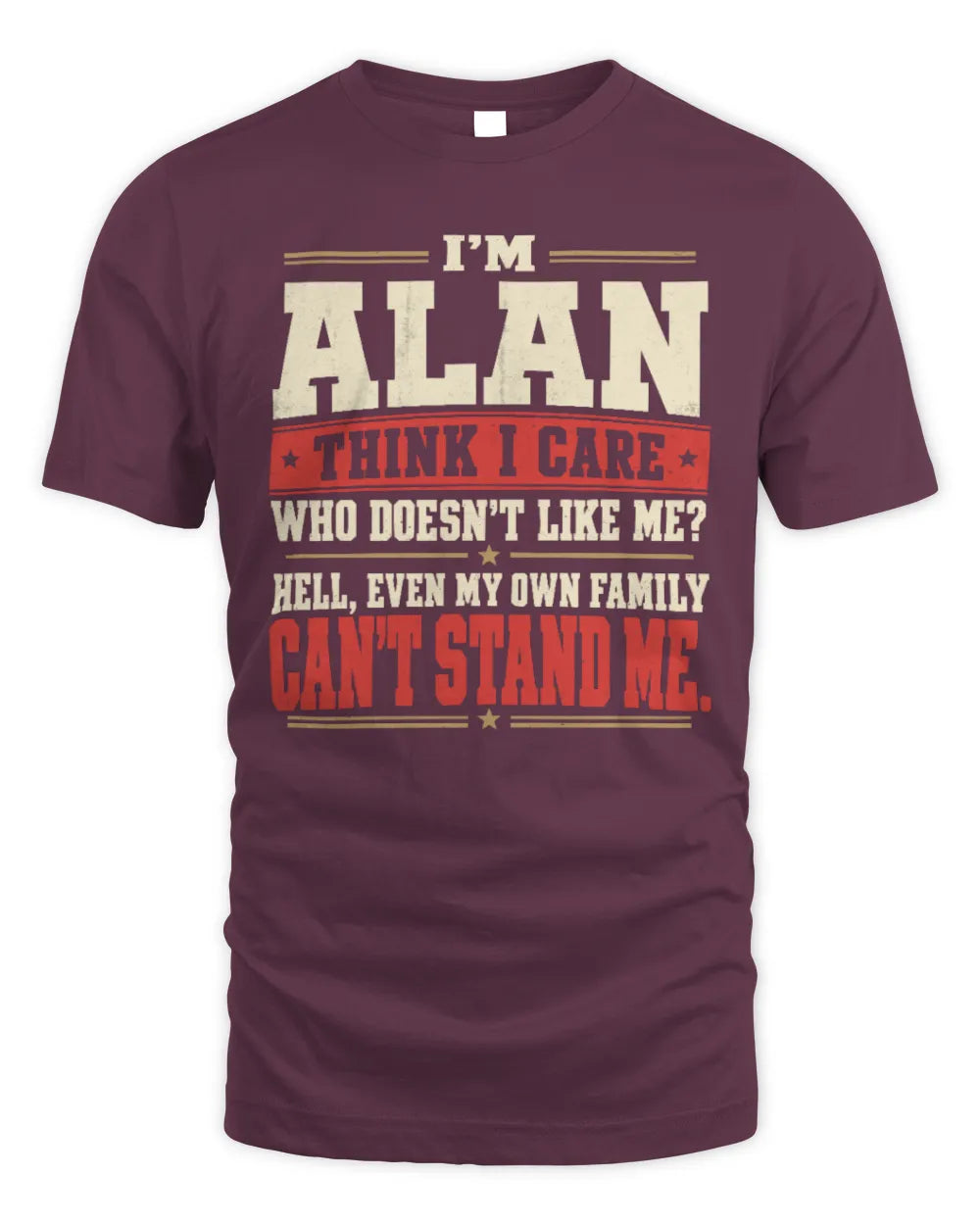 ALAN-KTL06-H009 I’m [NAME] – Think I Care? Personalized Funny T-Shirt - Unisex Standard T-Shirt - Maroon