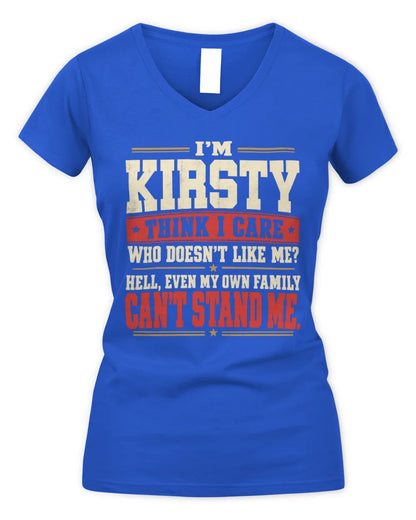 KIRSTY-KTL06-H009 I’m [NAME] – Think I Care? Personalized Funny T-Shirt - Women's V-Neck T-Shirt - Royal