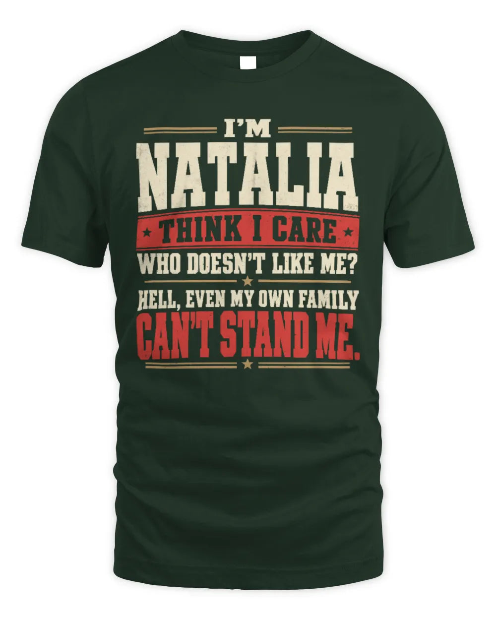 NATALIA-KTL06-H009 I’m [NAME] – Think I Care? Personalized Funny T-Shirt - Unisex Standard T-Shirt - Forest Green