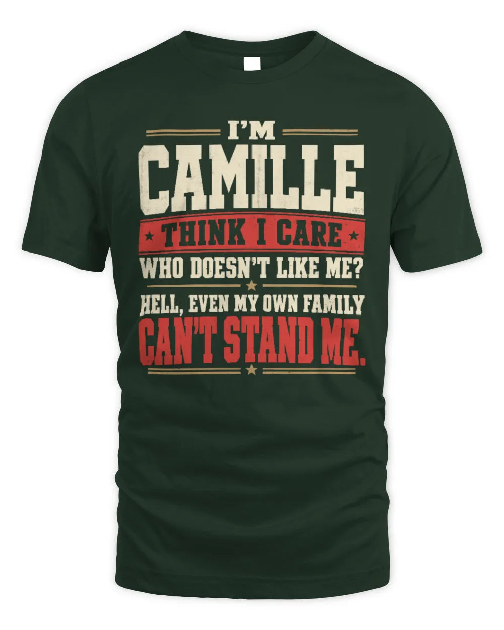 CAMILLE-KTL06-H009 I’m [NAME] – Think I Care? Personalized Funny T-Shirt - Unisex Standard T-Shirt - Forest Green