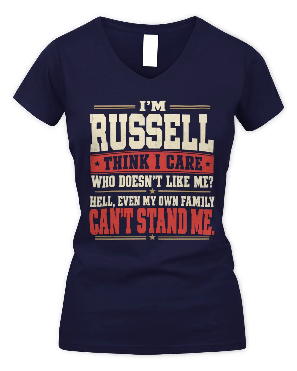 RUSSELL-KTL06-H009 I’m [NAME] – Think I Care? Personalized Funny T-Shirt - Women's V-Neck T-Shirt - Navy