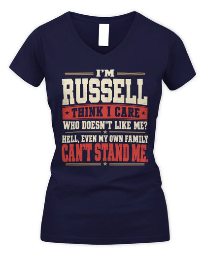 RUSSELL-KTL06-H009 I’m [NAME] – Think I Care? Personalized Funny T-Shirt - Women's V-Neck T-Shirt - Navy