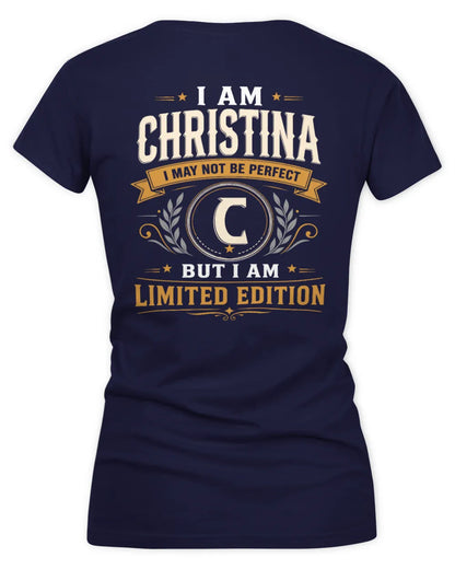 CHRISTINA KT88-V9 - Personalized “I Am NAME I May Not Be Perfect, But I Am Limited Edition” - Women's V-Neck T-Shirt - Navy