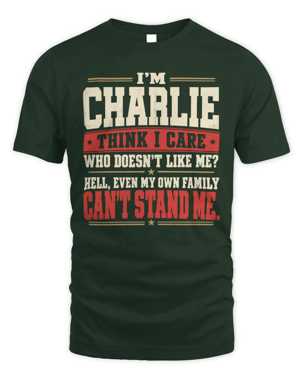 CHARLIE-KTL06-H009 I’m [NAME] – Think I Care? Personalized Funny T-Shirt - Unisex Standard T-Shirt - Forest Green