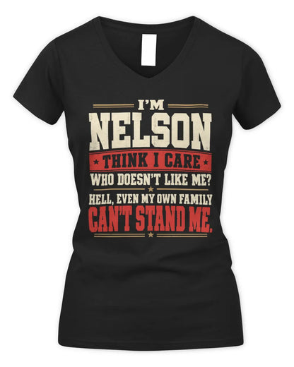 NELSON-KTL06-H009 I’m [NAME] – Think I Care? Personalized Funny T-Shirt - Women's V-Neck T-Shirt - Black