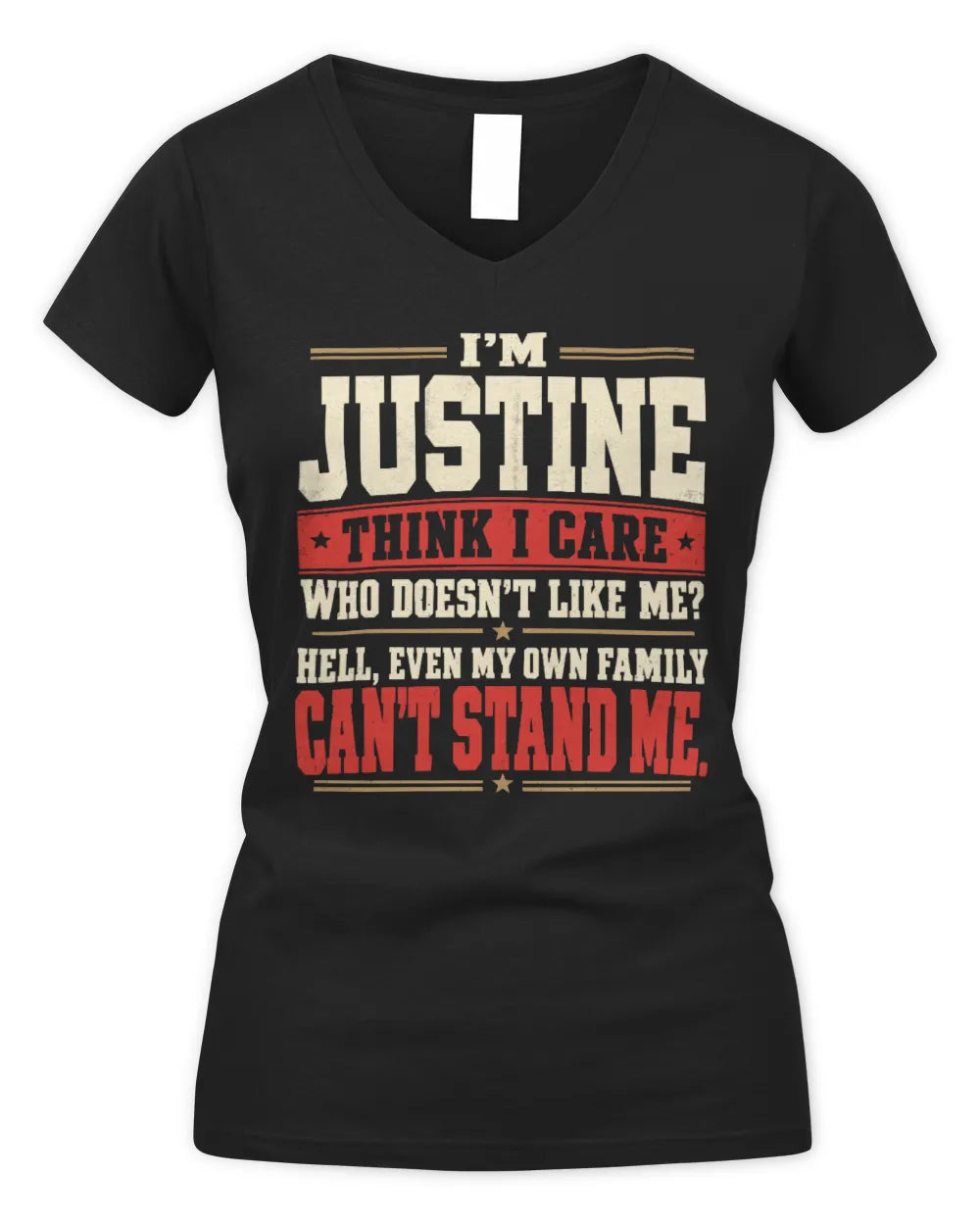 JUSTINE-KTL06-H009 I’m [NAME] – Think I Care? Personalized Funny T-Shirt - Women's V-Neck T-Shirt - Black