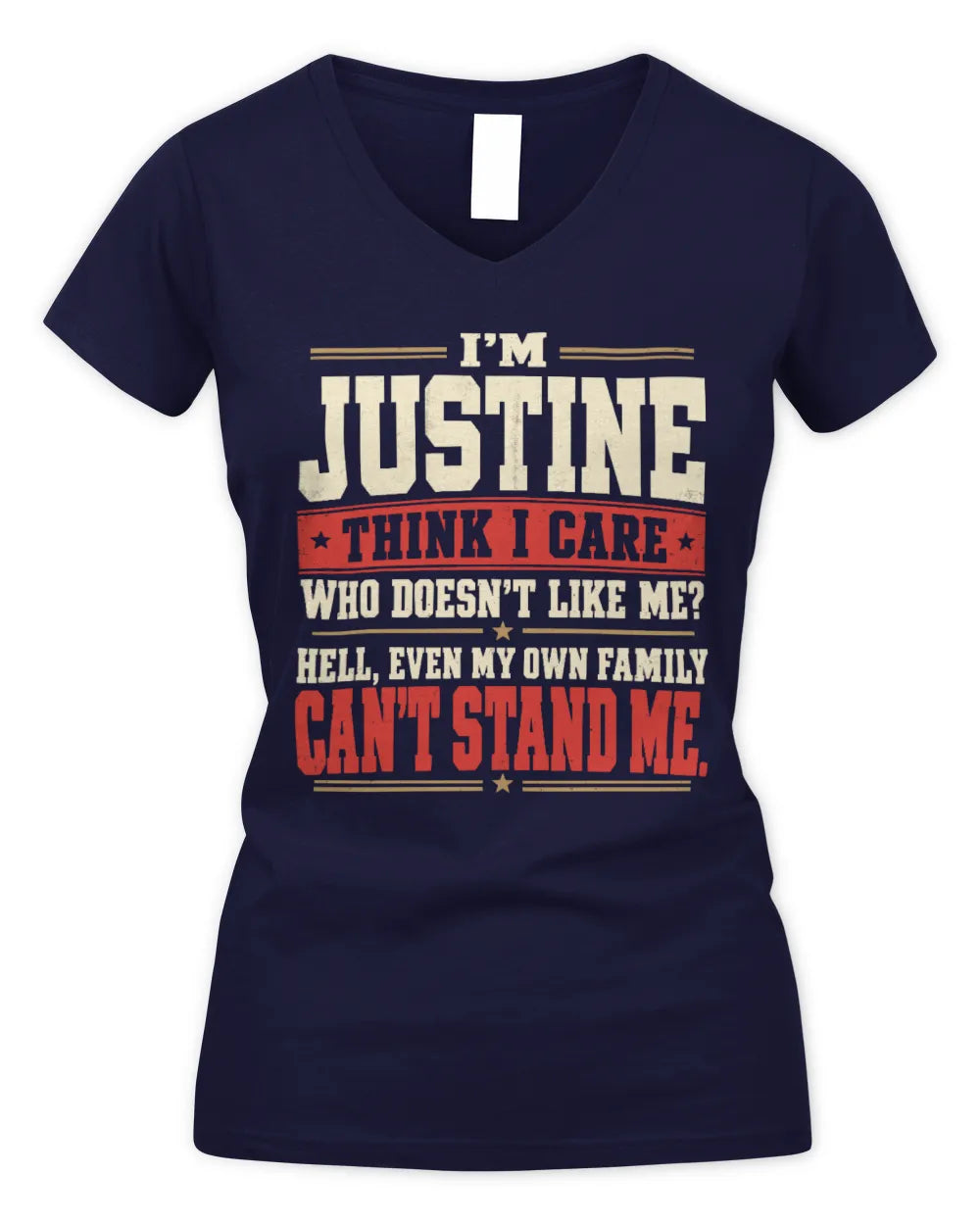 JUSTINE-KTL06-H009 I’m [NAME] – Think I Care? Personalized Funny T-Shirt - Women's V-Neck T-Shirt - Navy