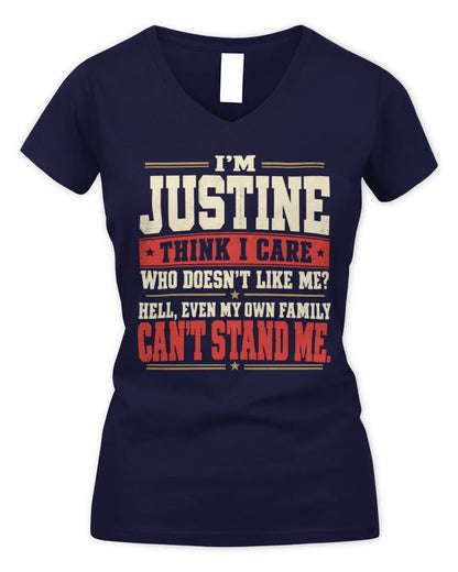 JUSTINE-KTL06-H009 I’m [NAME] – Think I Care? Personalized Funny T-Shirt - Women's V-Neck T-Shirt - Navy