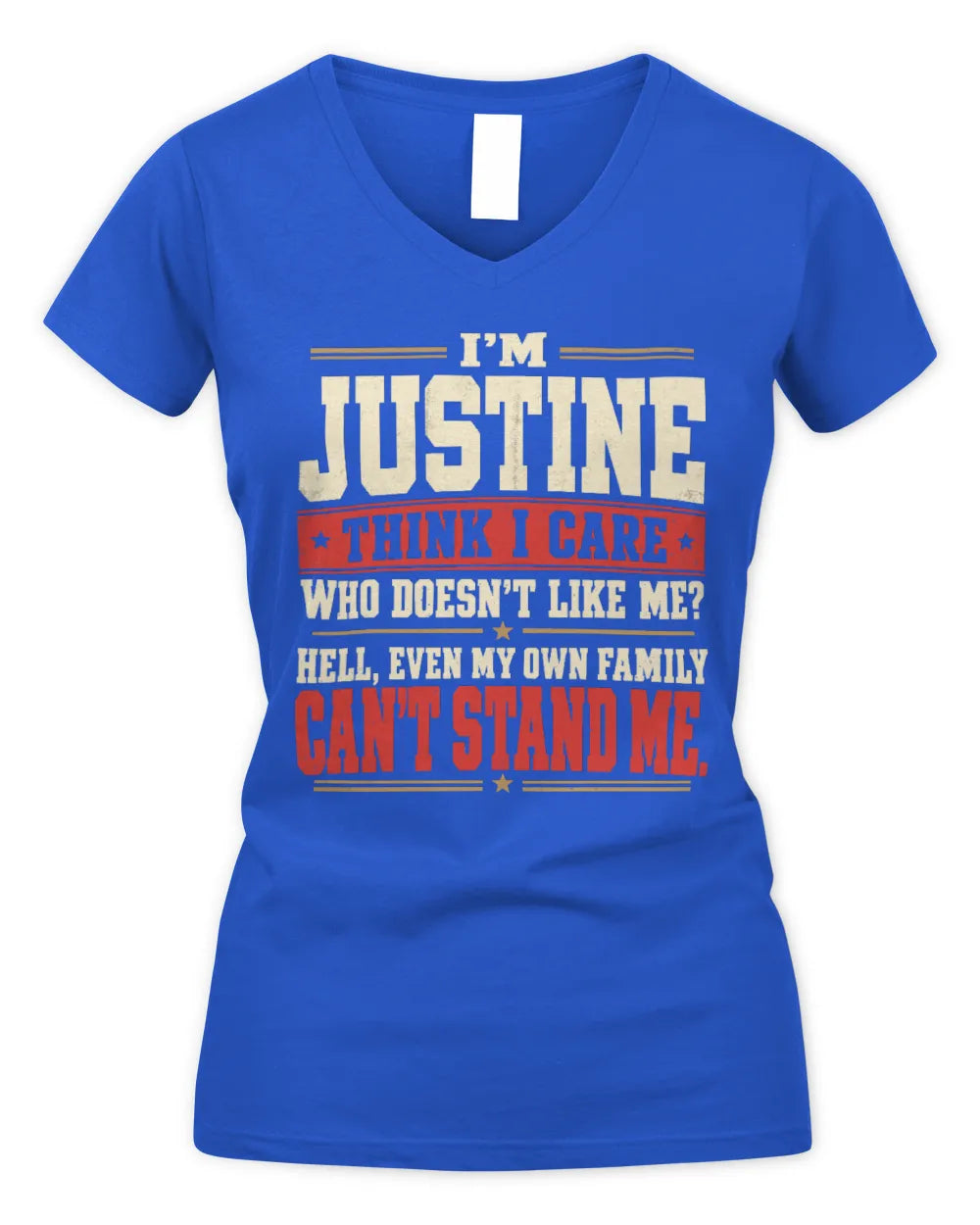 JUSTINE-KTL06-H009 I’m [NAME] – Think I Care? Personalized Funny T-Shirt - Women's V-Neck T-Shirt - Royal