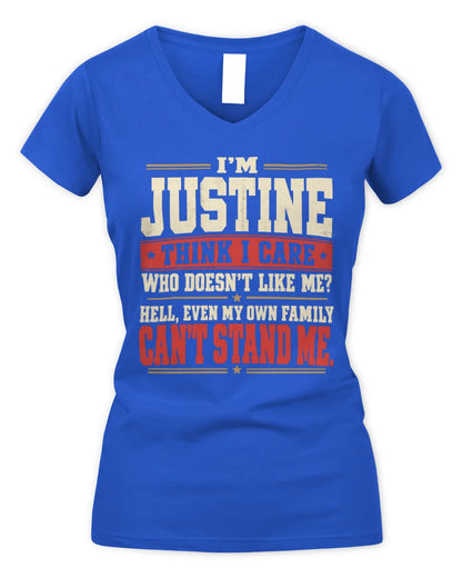 JUSTINE-KTL06-H009 I’m [NAME] – Think I Care? Personalized Funny T-Shirt - Women's V-Neck T-Shirt - Royal
