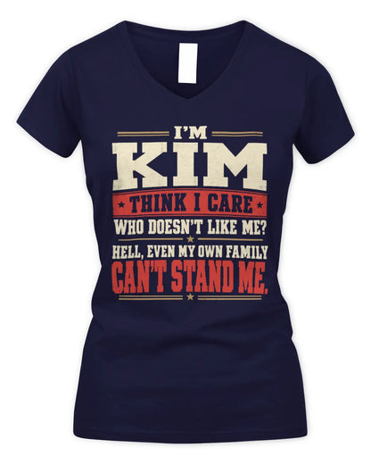 KIM-KTL06-H009 I’m [NAME] – Think I Care? Personalized Funny T-Shirt - Women's V-Neck T-Shirt - Navy
