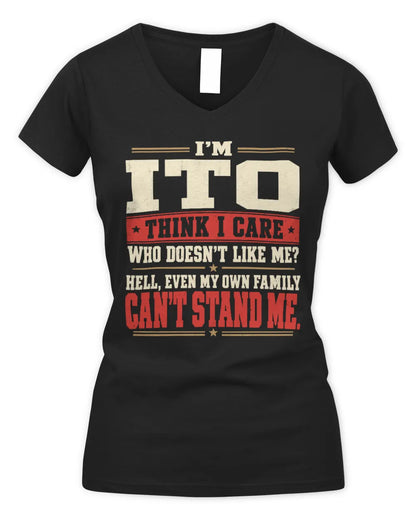 ITO-KTL06-H009 I’m [NAME] – Think I Care? Personalized Funny T-Shirt - Women's V-Neck T-Shirt - Black