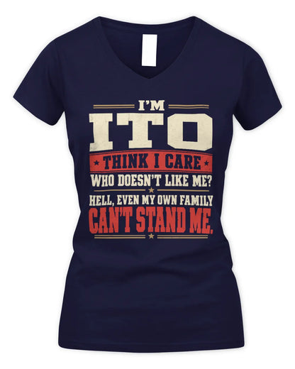 ITO-KTL06-H009 I’m [NAME] – Think I Care? Personalized Funny T-Shirt - Women's V-Neck T-Shirt - Navy