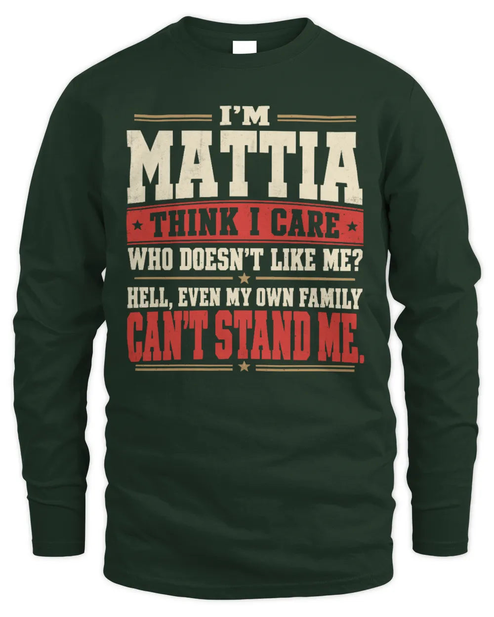 MATTIA-KTL06-H009 I’m [NAME] – Think I Care? Personalized Funny T-Shirt - Men's Long Sleeved T-Shirt - Forest Green