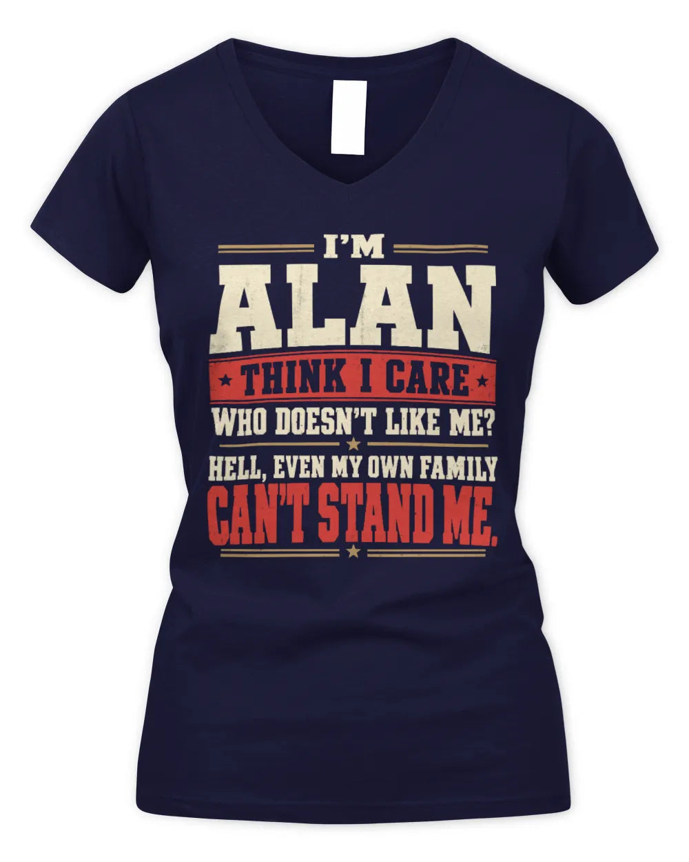 ALAN-KTL06-H009 I’m [NAME] – Think I Care? Personalized Funny T-Shirt - Women's V-Neck T-Shirt - Navy