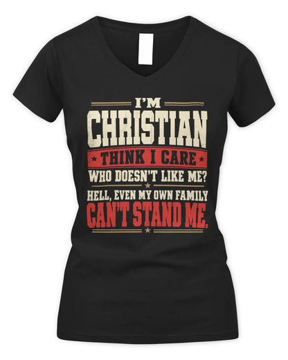 CHRISTIAN-KTL06-H009 I’m [NAME] – Think I Care? Personalized Funny T-Shirt - Women's V-Neck T-Shirt - Black