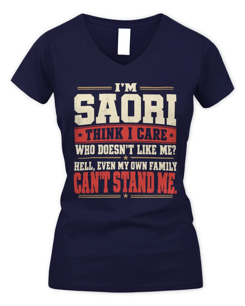 SAORI-KTL06-H009 I’m [NAME] – Think I Care? Personalized Funny T-Shirt - Women's V-Neck T-Shirt - Navy
