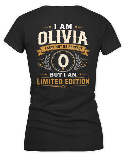 OLIVIA KT88-V9 - Personalized “I Am NAME I May Not Be Perfect, But I Am Limited Edition” - Women's V-Neck T-Shirt - Black