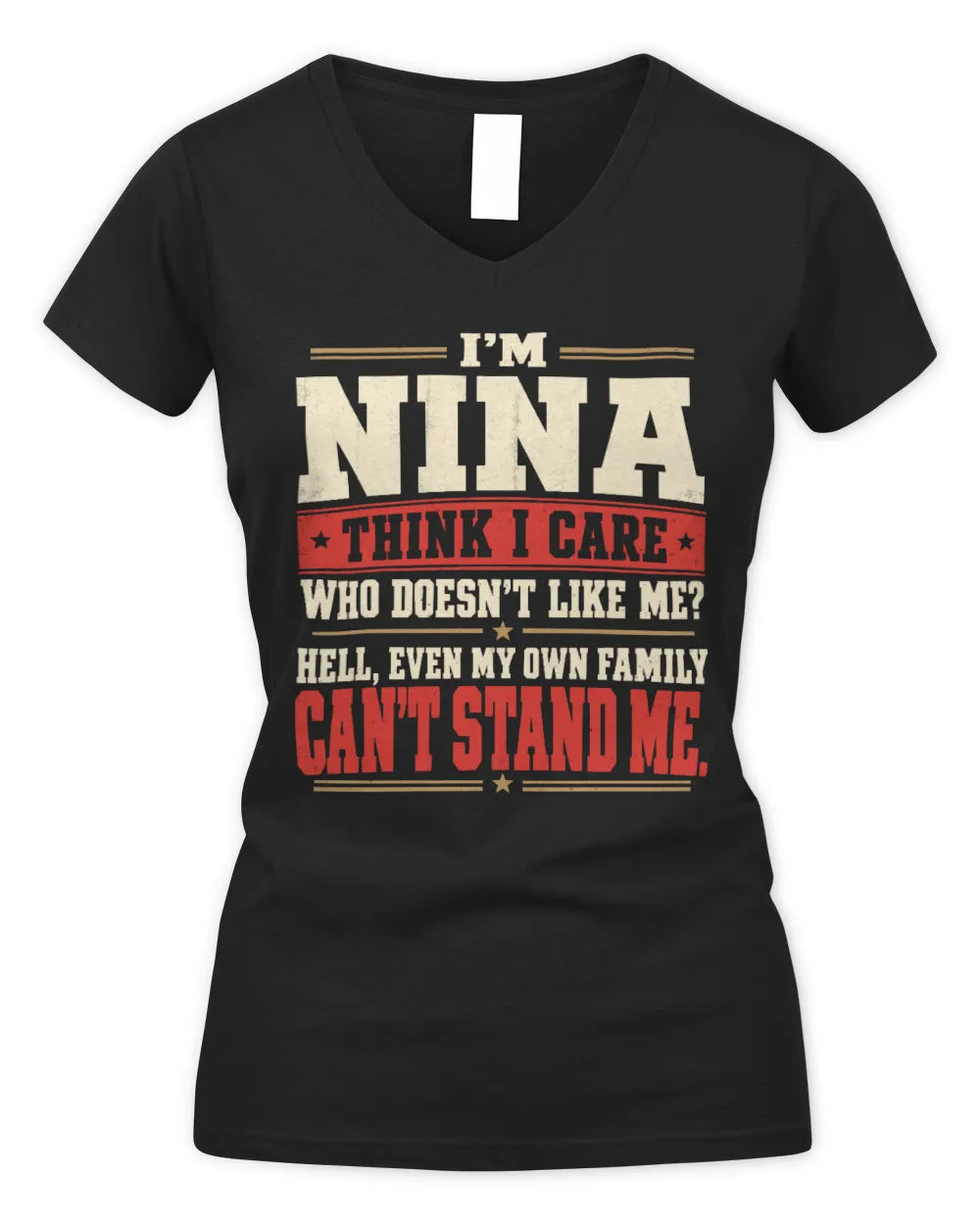 NINA-KTL06-H009 I’m [NAME] – Think I Care? Personalized Funny T-Shirt - Women's V-Neck T-Shirt - Black