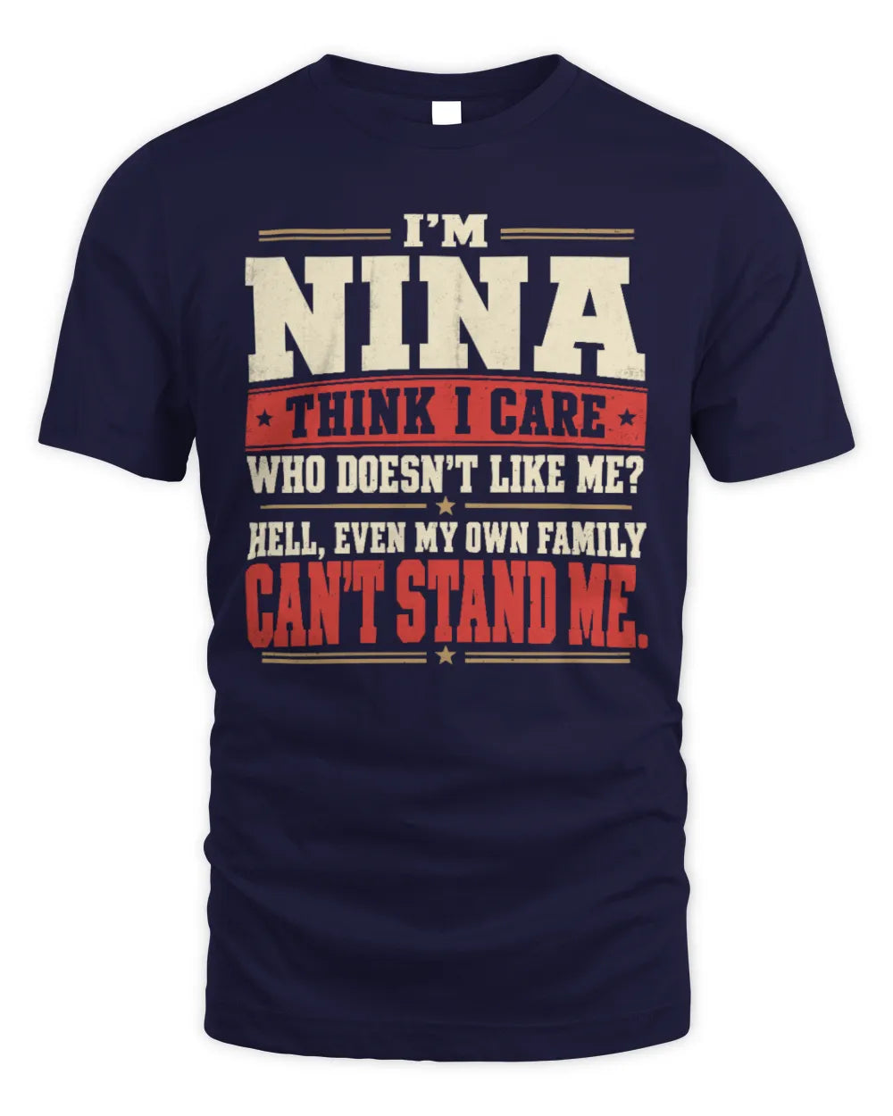 NINA-KTL06-H009 I’m [NAME] – Think I Care? Personalized Funny T-Shirt - Unisex Standard T-Shirt - Navy