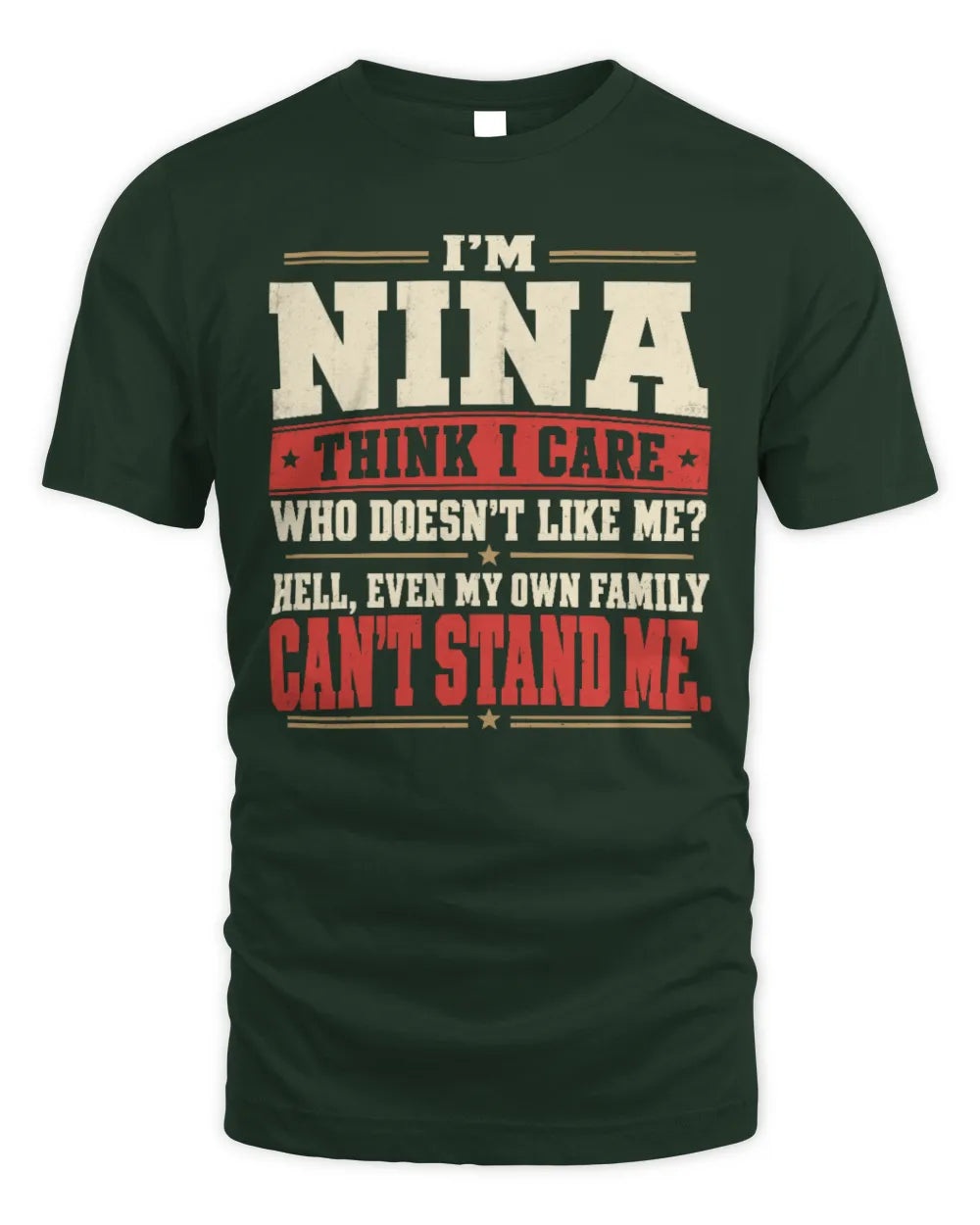 NINA-KTL06-H009 I’m [NAME] – Think I Care? Personalized Funny T-Shirt - Unisex Standard T-Shirt - Forest Green