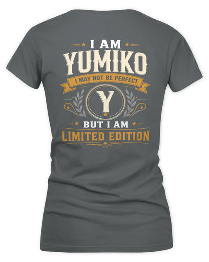 YUMIKO KT88-V9 - Personalized “I Am NAME I May Not Be Perfect, But I Am Limited Edition” - Women's V-Neck T-Shirt - Charcoal