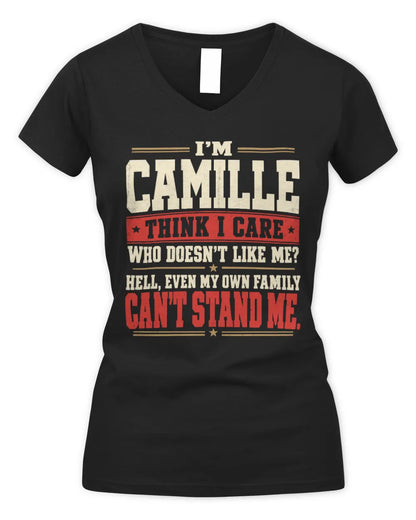 CAMILLE-KTL06-H009 I’m [NAME] – Think I Care? Personalized Funny T-Shirt - Women's V-Neck T-Shirt - Black