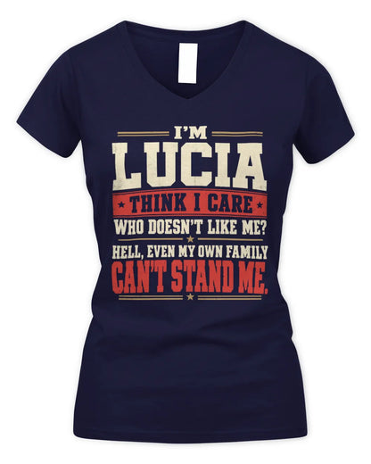 LUCIA-KTL06-H009 I’m [NAME] – Think I Care? Personalized Funny T-Shirt - Women's V-Neck T-Shirt - Navy