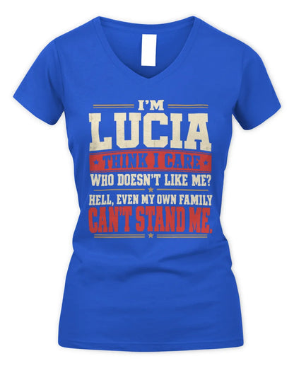 LUCIA-KTL06-H009 I’m [NAME] – Think I Care? Personalized Funny T-Shirt - Women's V-Neck T-Shirt - Royal