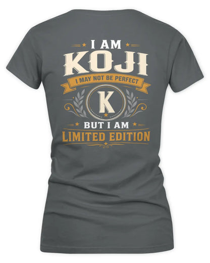KOJI KT88-V9 - Personalized “I Am NAME I May Not Be Perfect, But I Am Limited Edition” - Women's V-Neck T-Shirt - Charcoal