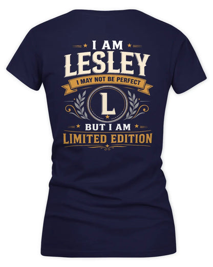 LESLEY KT88-V9 - Personalized “I Am NAME I May Not Be Perfect, But I Am Limited Edition” - Women's V-Neck T-Shirt - Navy