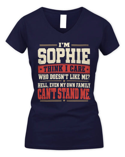 SOPHIE-KTL06-H009 I’m [NAME] – Think I Care? Personalized Funny T-Shirt - Women's V-Neck T-Shirt - Navy